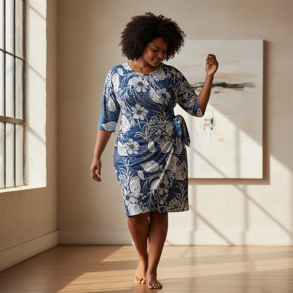 Signature by Robbie Bee Floral Print Blue Faux-Wrap Sheath Midi Dress